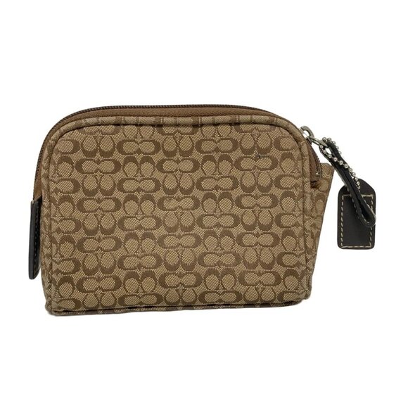 Auth COACH Mini Signature - Dark Brown Beige Jacquard Leather Pouch - Picture 2 of 11